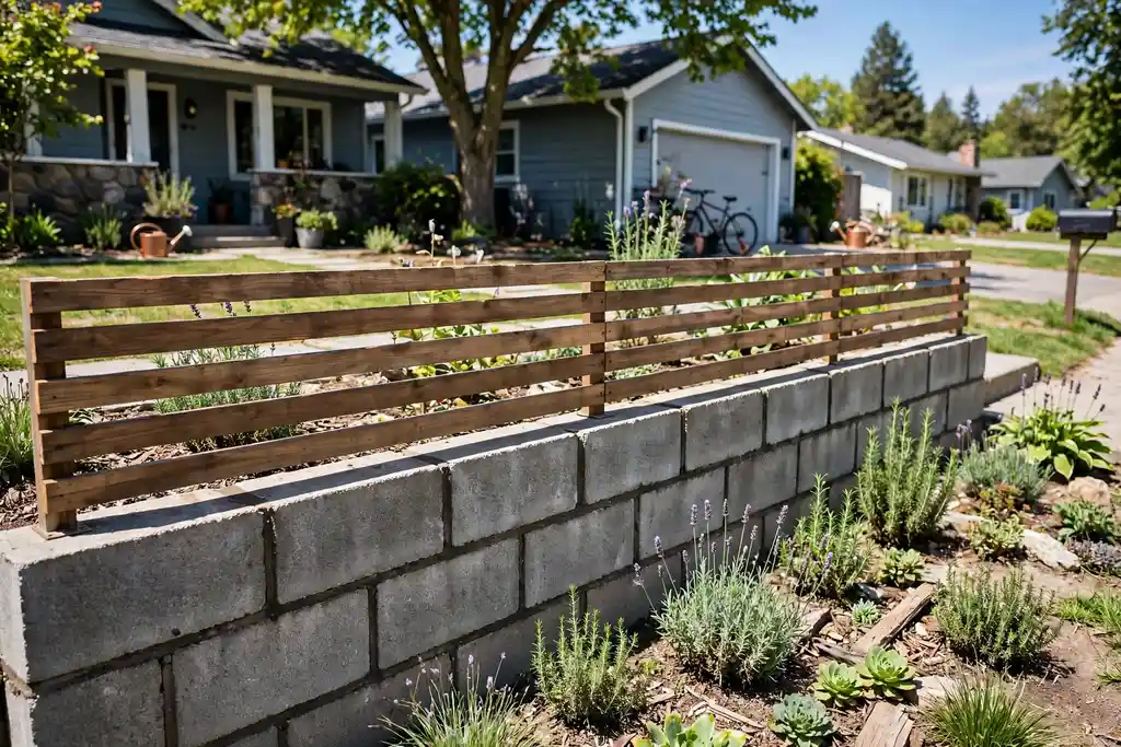Low cinder block wall topped with wood slats in a front yard.