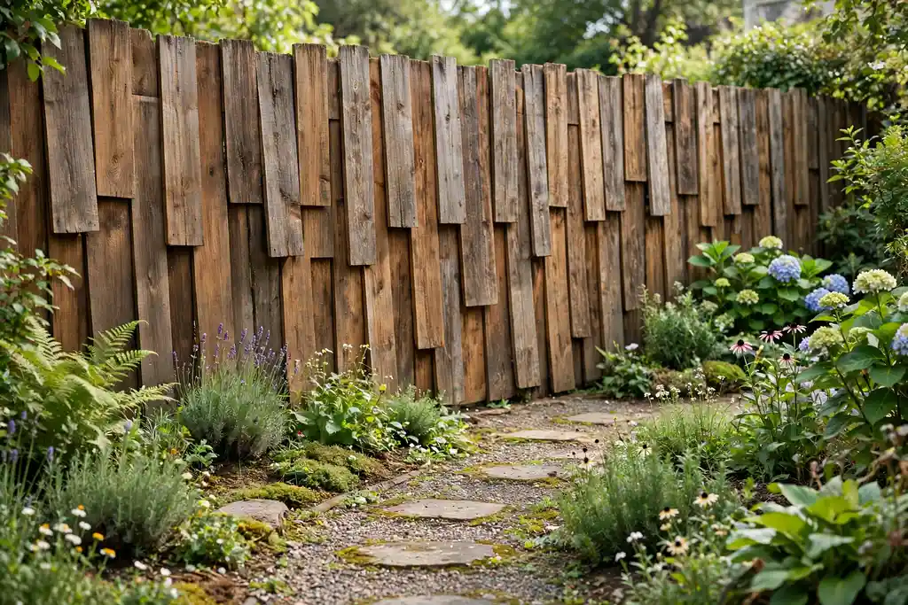 Board on board fence with overlapping boards seen from a garden path.