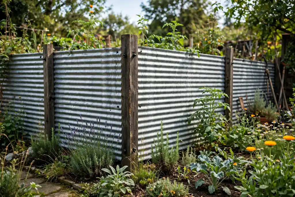 Corrugated metal panel fence with wood posts in a garden.