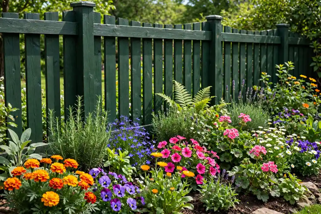 Garden fence painted dark green with bright planting in front.