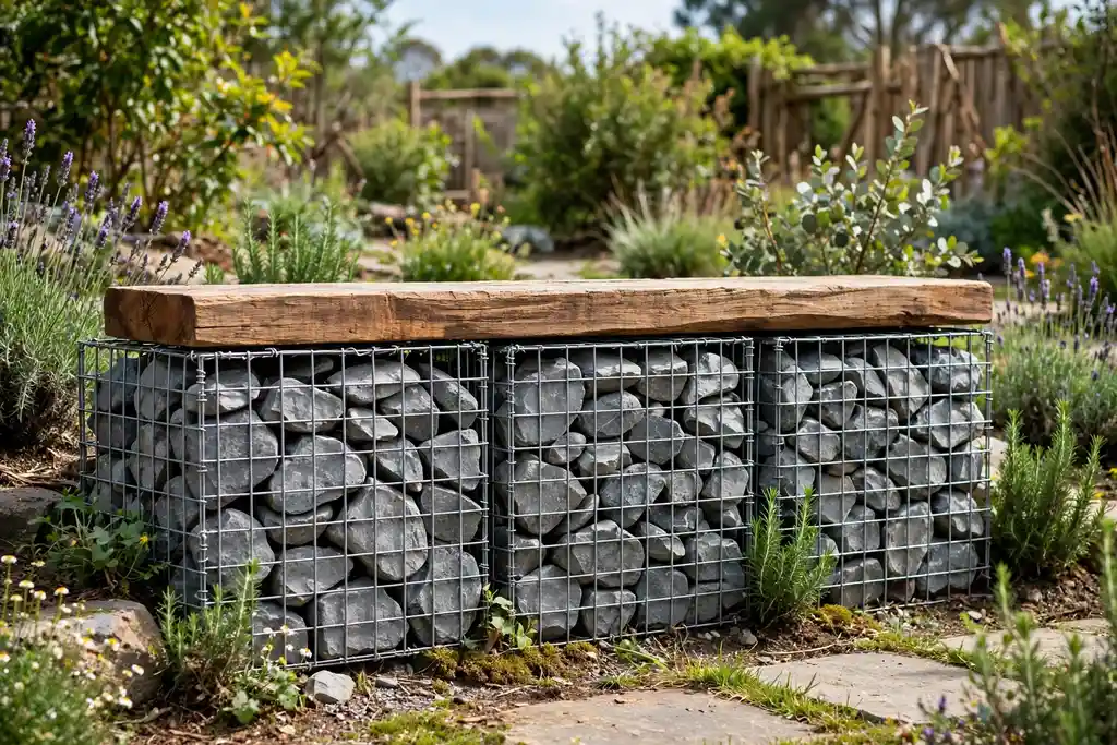 Gabion baskets filled with stone topped with a timber plank.