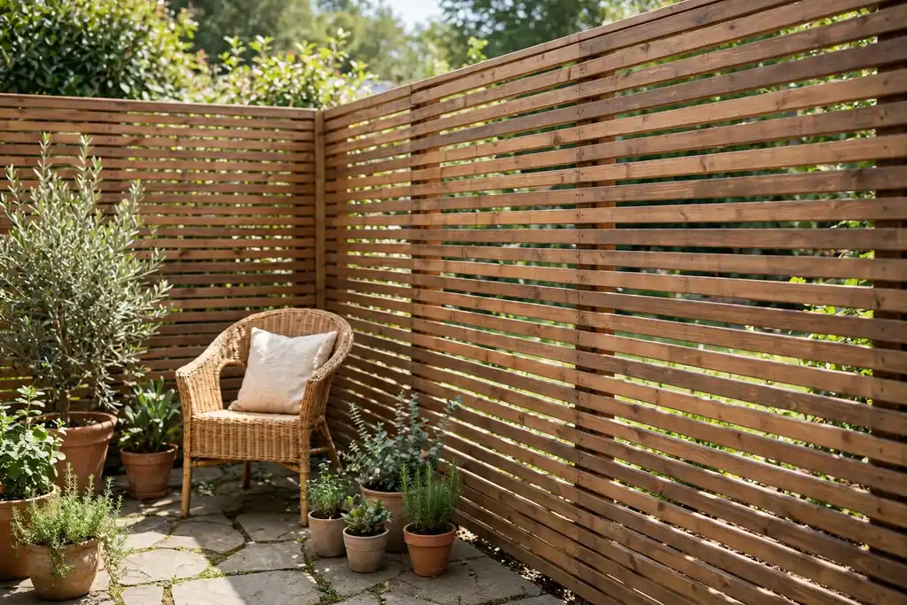 Horizontal slat fence beside a patio with a chair and potted plants.