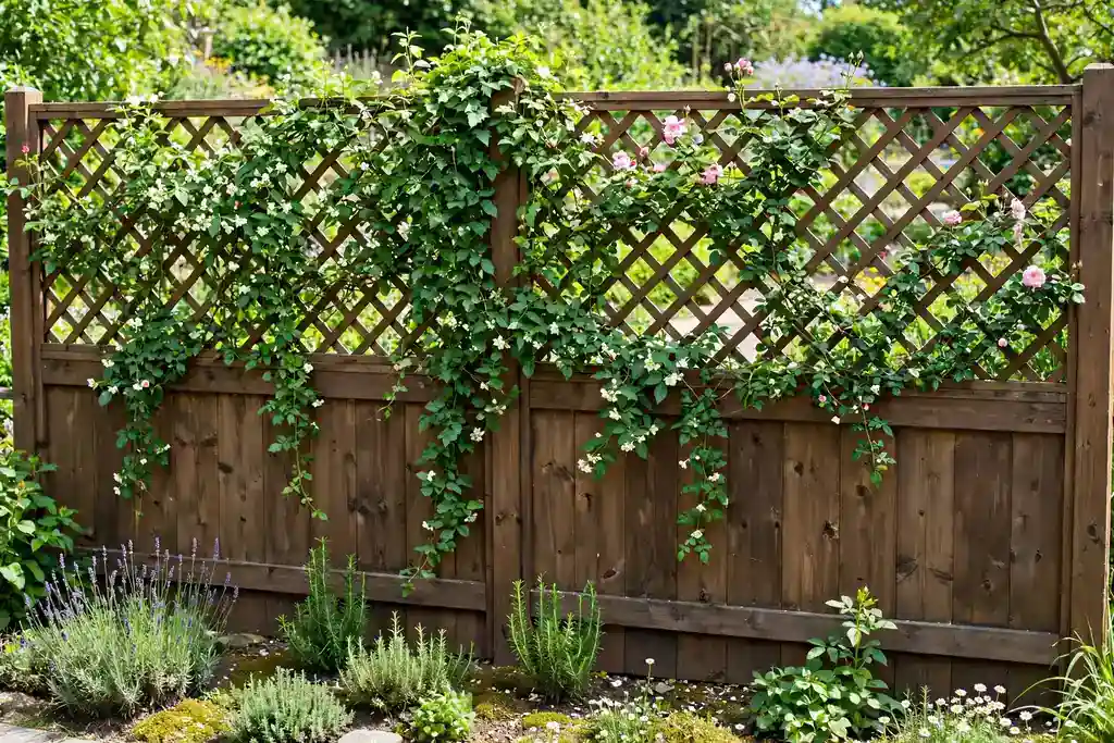 Solid garden fence with a lattice top panel and climbing plants.