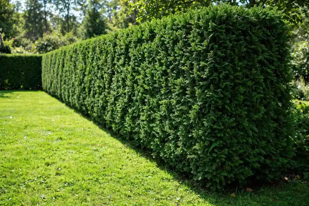 Dense evergreen hedge forming a green garden boundary.