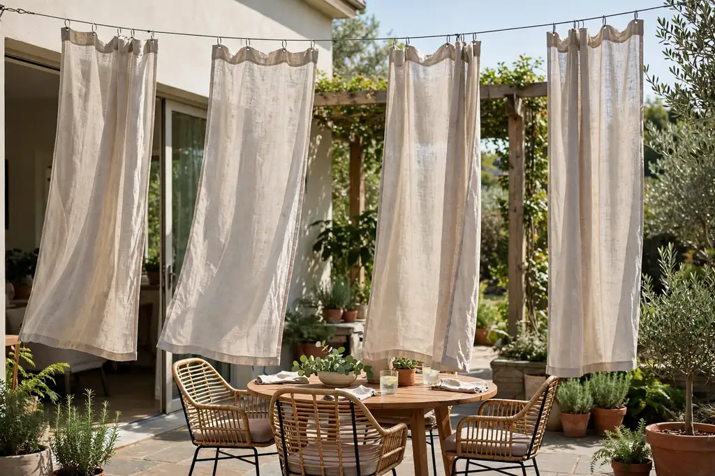 Outdoor curtain panels hanging from a wire on a patio.
