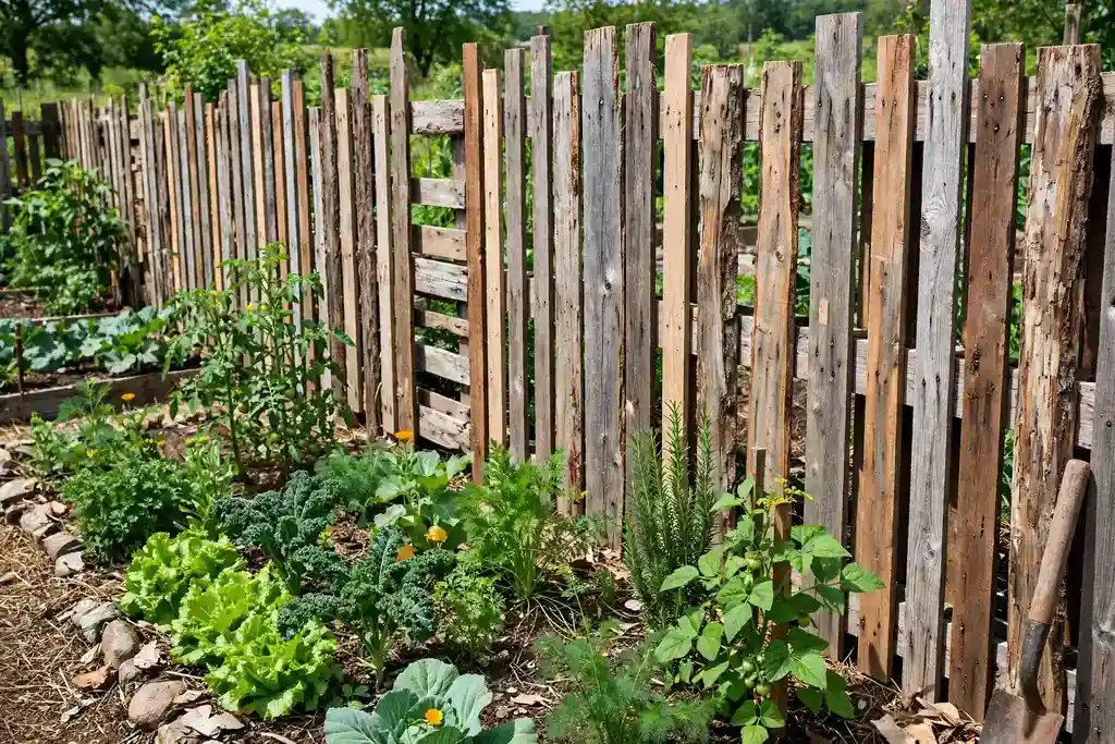 Rustic pallet wood fence along a vegetable garden edge.