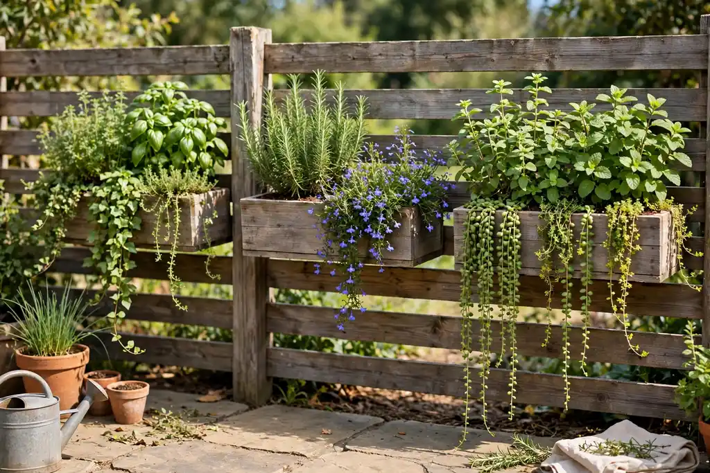 Wood fence with planter boxes holding herbs and trailing plants.