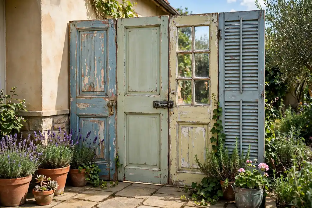 Freestanding screen made from painted old doors and shutters.