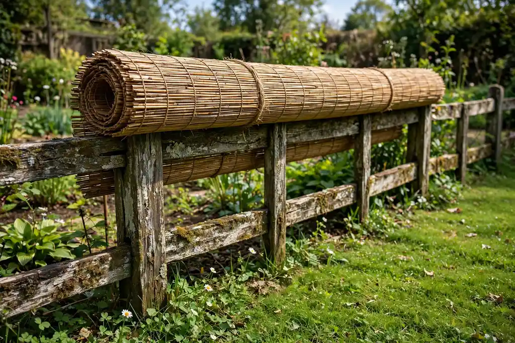Reed screen rolled over an old garden fence.