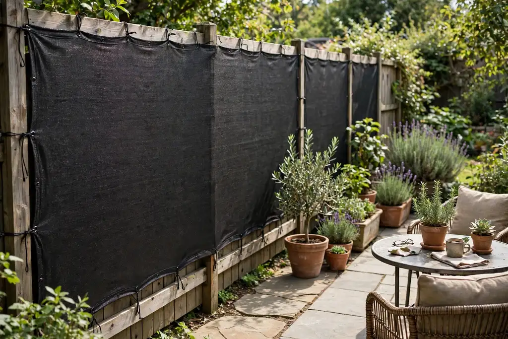 Dark shade cloth screen fixed to a garden fence.