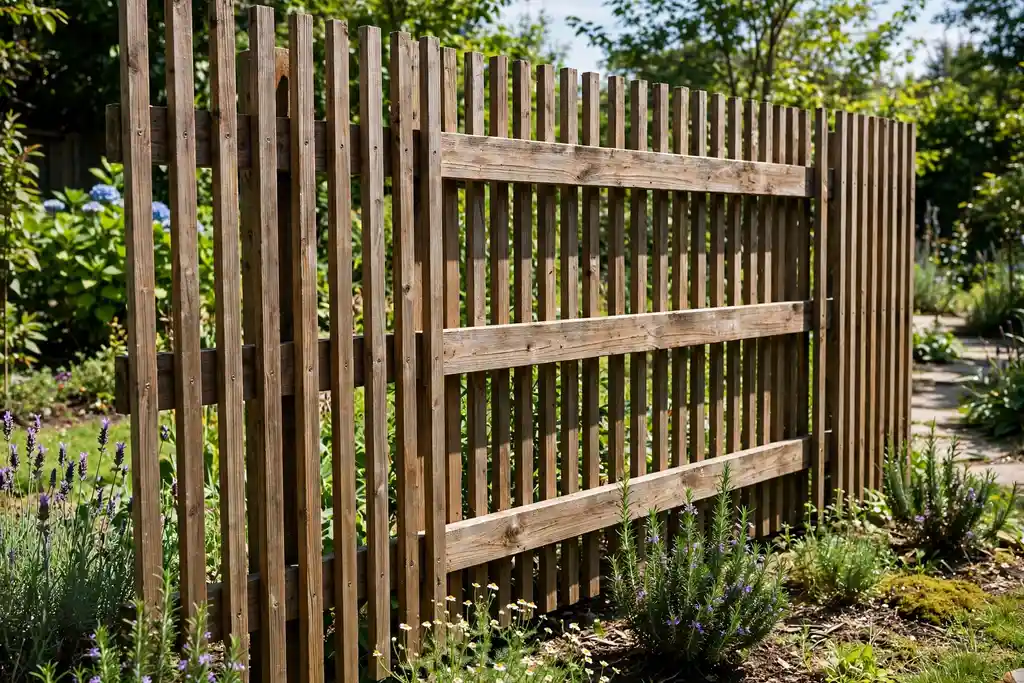 Staggered slat fence with slats on both sides of the rails.