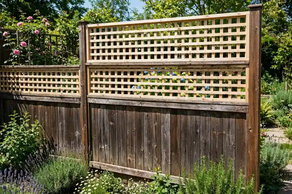 Fence with lattice topper panels added above the old top rail.