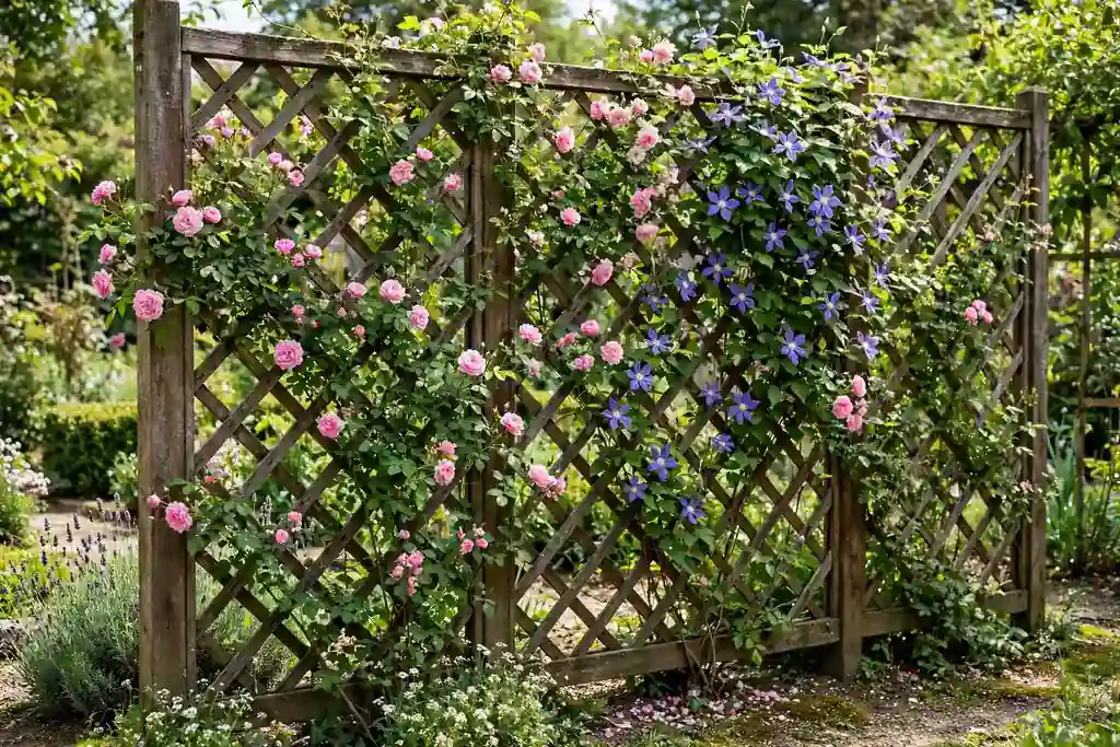 Trellis fence covered with flowering climbing plants.