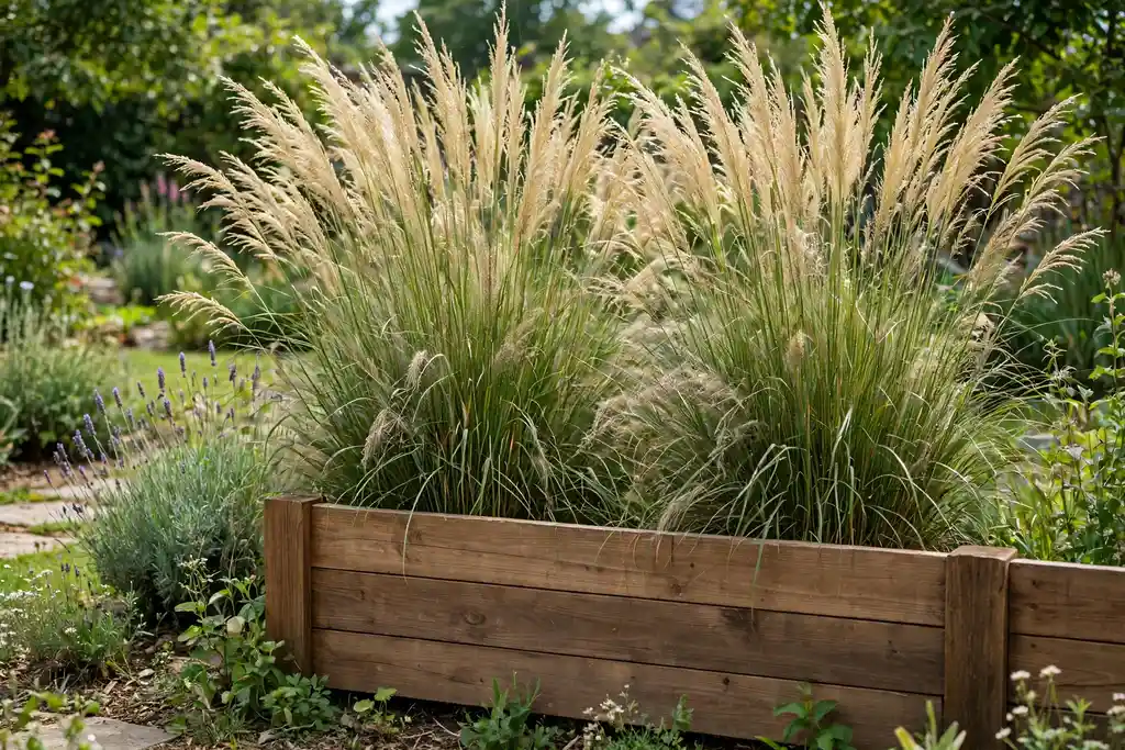 Low solid fence with tall grasses planted behind it.