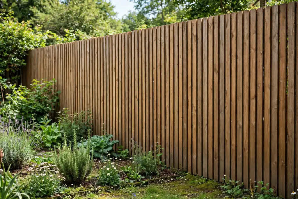 Tight vertical board fence with no gaps along a garden boundary in daylight.