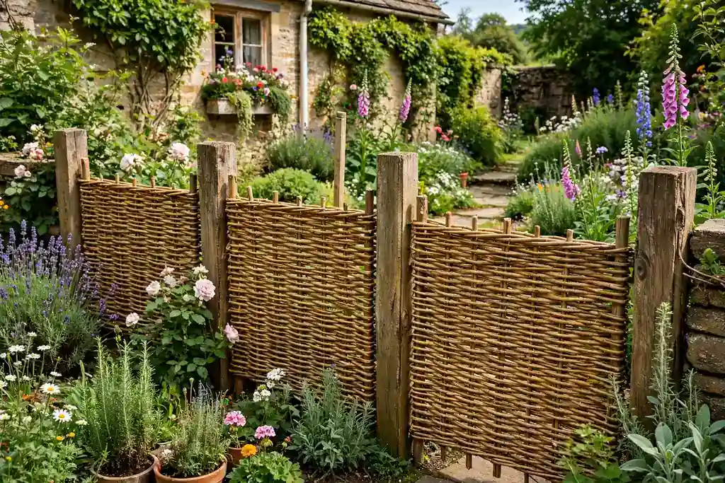 Woven willow hurdle fence panels between posts in a cottage garden.