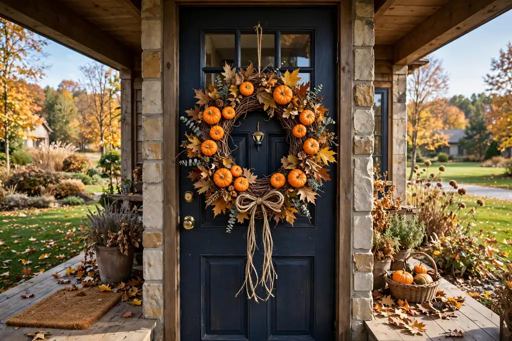 Small orange pumpkins wired around a grapevine wreath ring with dried leaves and a twine bow, hanging on a front door.
