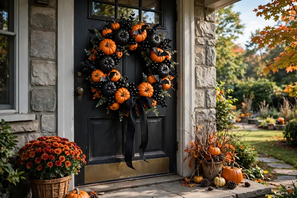 A black and orange Halloween pumpkin wreath with black berries, a black ribbon, and small bat accents on a front door.