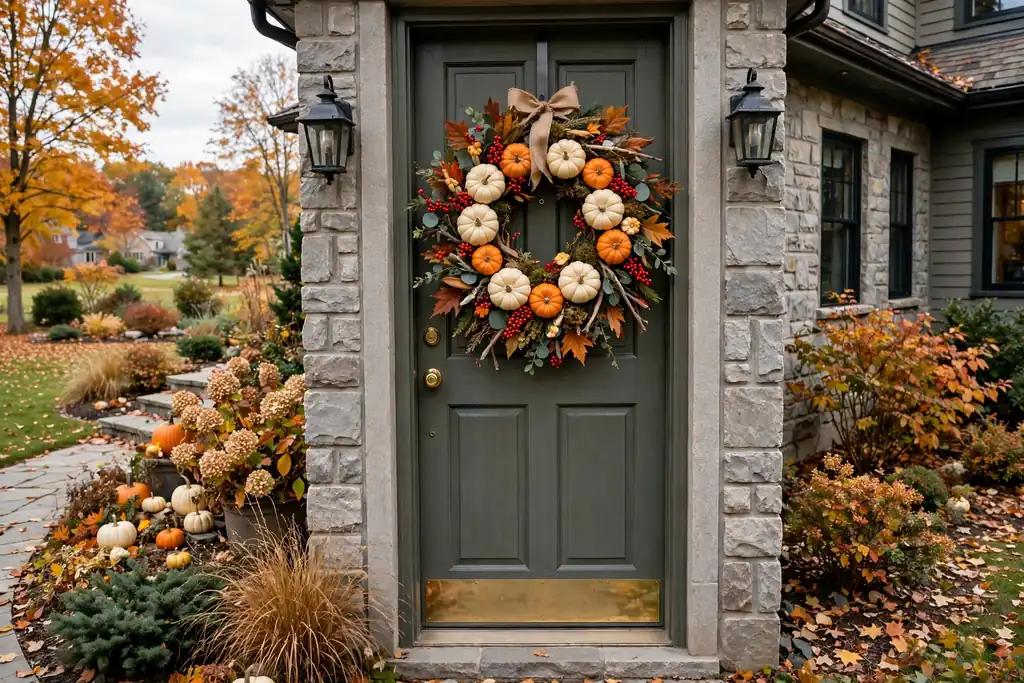 A pumpkin wreath with cream and orange mini pumpkins tucked among red berry picks and leaves on a front door.