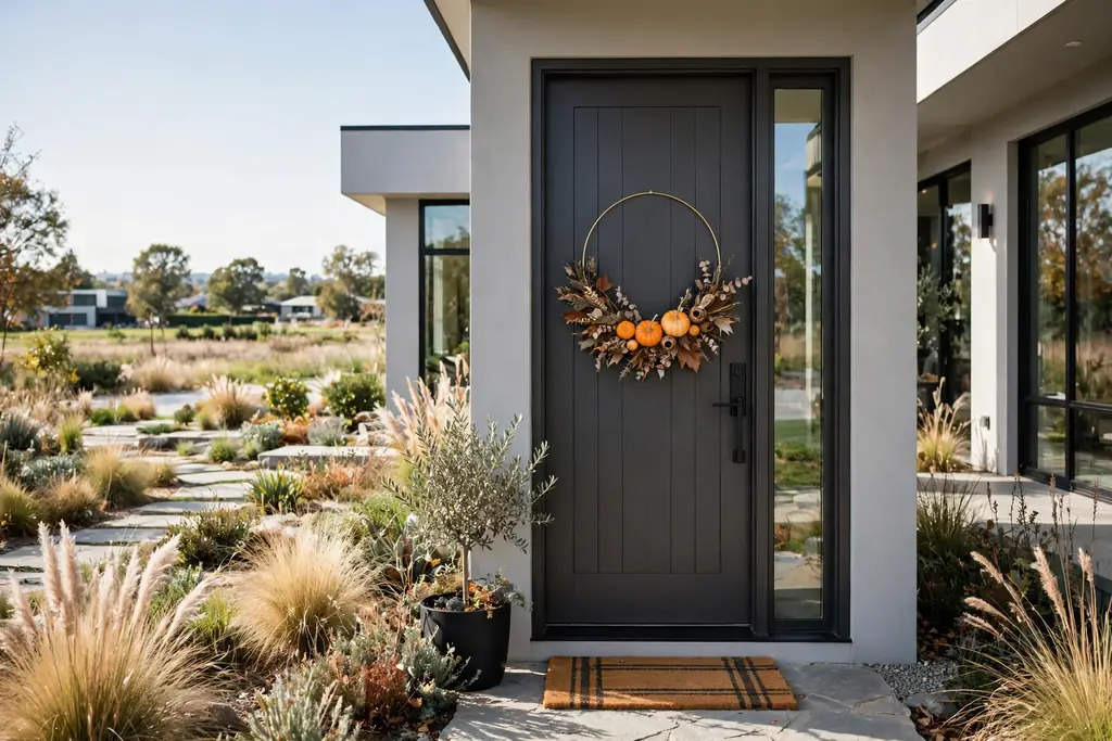 A sparse metal hoop wreath with a few mini pumpkins and dried leaves on the lower half of a thin gold ring, on a modern front door.