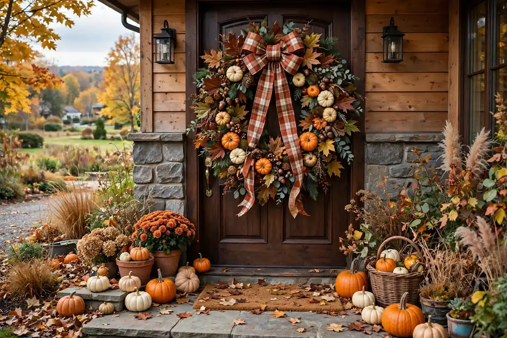 A pumpkin wreath with a large plaid bow in rust, cream, and brown, mini pumpkins, and leaves on a front door.