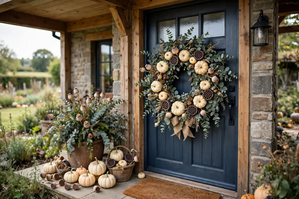A pumpkin wreath with eucalyptus sprigs as a green background, cream and pale orange mini pumpkins, and dried seed heads on a front door.