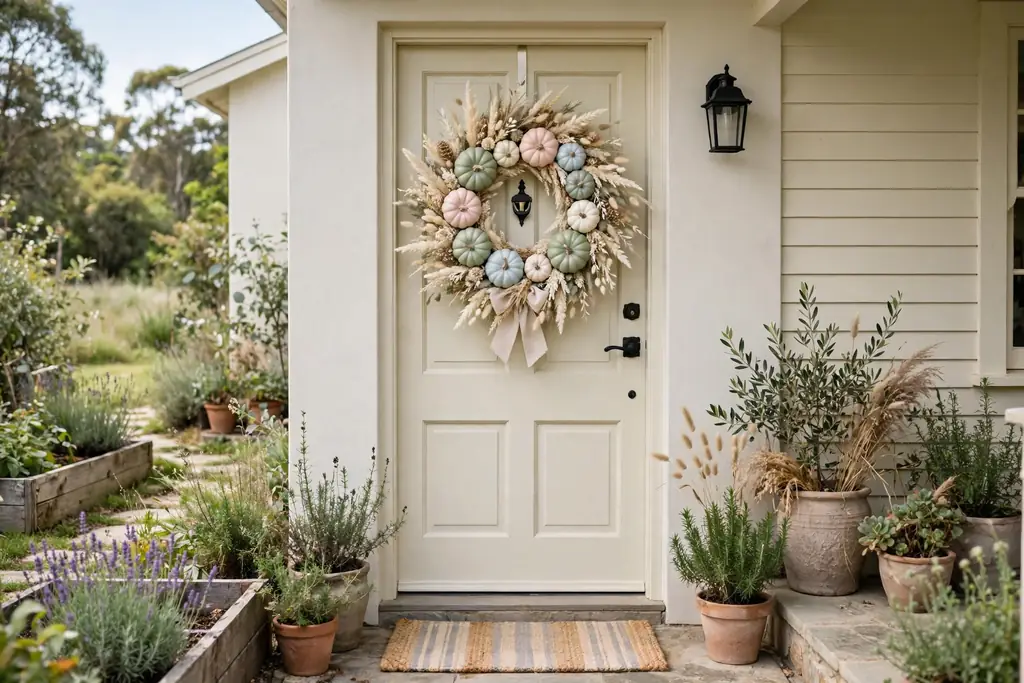 A wreath of painted pastel pumpkins in sage, blush, pale blue, and cream with pale dried grasses on a light colored front door.