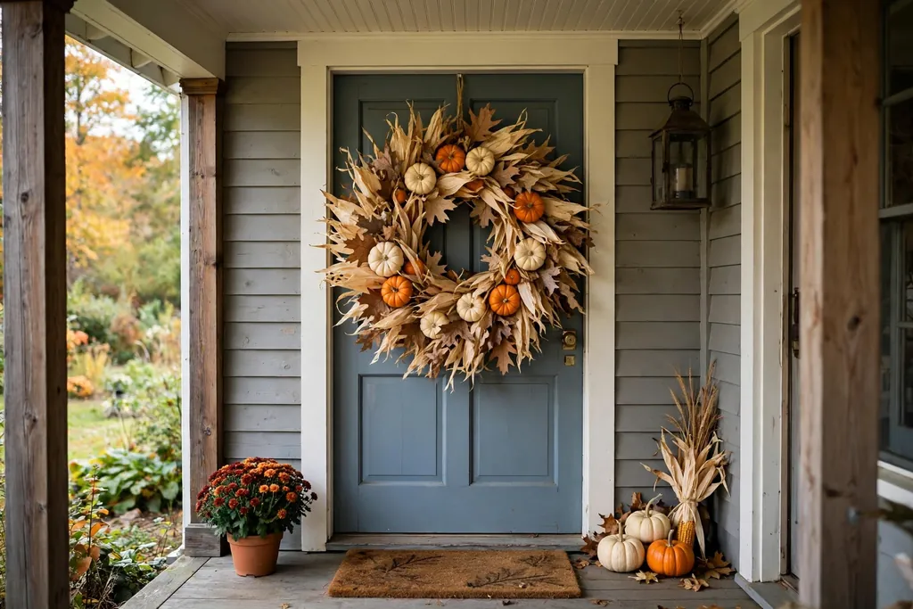 A pumpkin wreath layered with dried corn husks, orange and cream mini pumpkins, and dried leaves on a covered porch door.