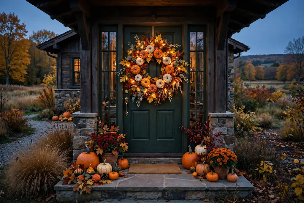 A pumpkin wreath with warm fairy lights woven through mini pumpkins, leaves, and berries, glowing on a front door in the evening.