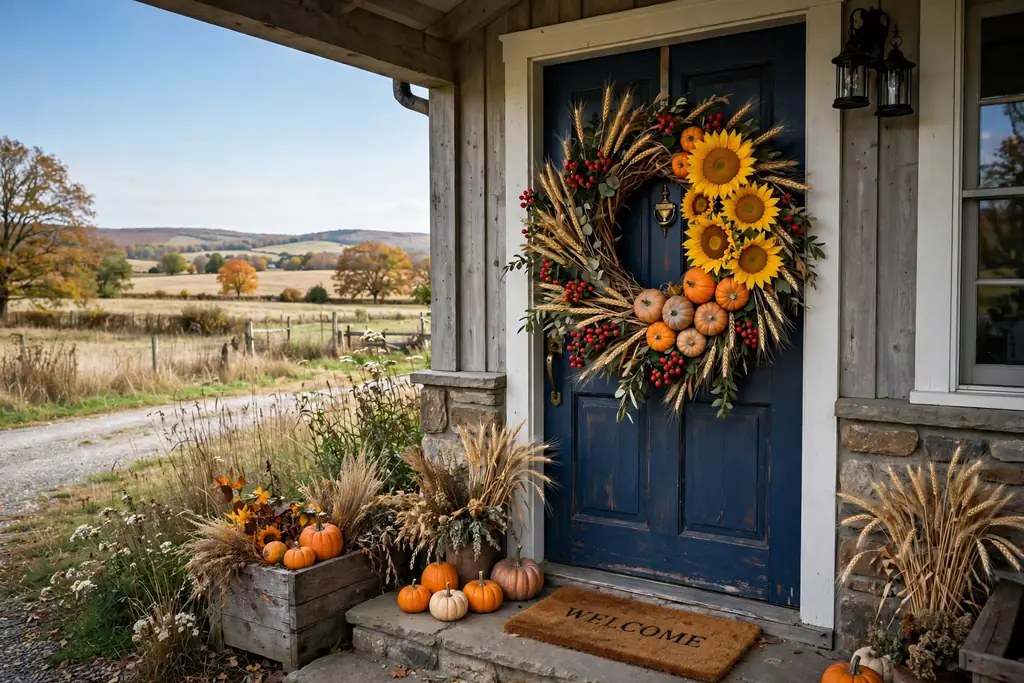 A pumpkin wreath with sunflower heads clustered on one side, mini pumpkins, wheat stems, and berries on a front door.