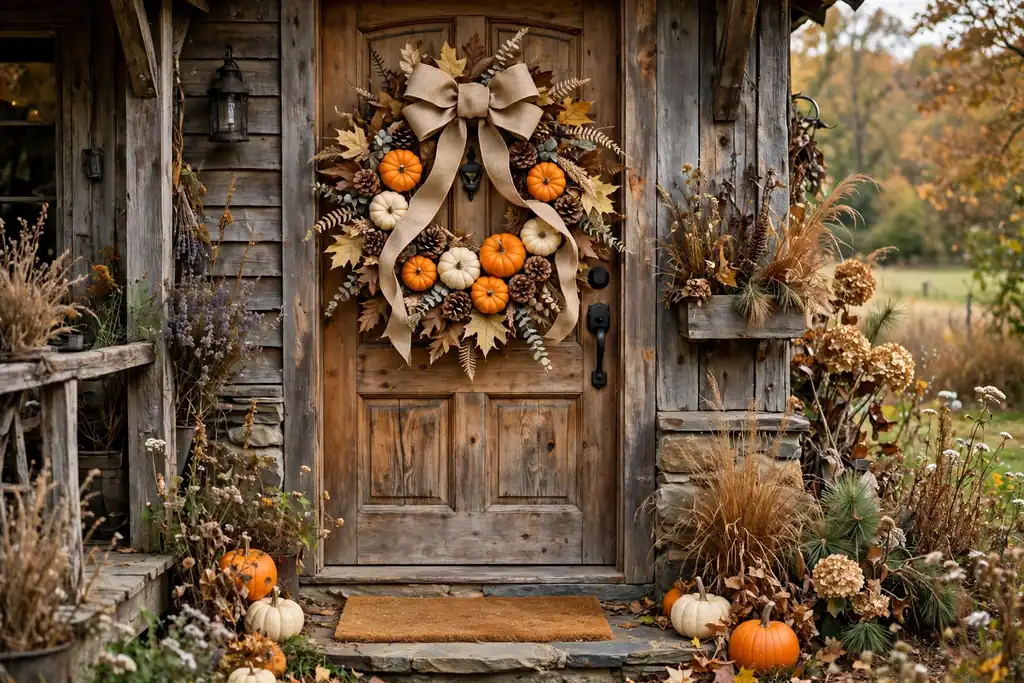 A rustic pumpkin wreath with a wide burlap bow, orange and cream mini pumpkins, dried leaves, and pinecones on a wood front door.