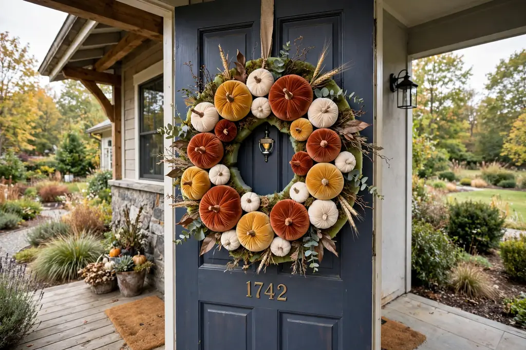 A wreath of soft velvet pumpkins in rust, mustard, and cream on a foam base, hanging on a sheltered front door.