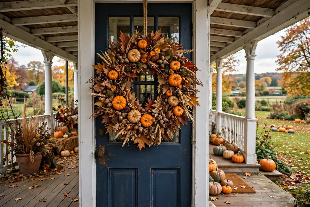 A pumpkin wreath covered in dried leaves in rust, gold, and brown with mini pumpkins and acorns, on a covered porch door.