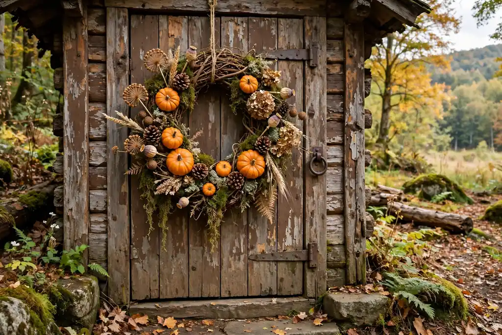 A woodland pumpkin wreath with pinecones, moss, mini pumpkins, and dried seed heads on a grapevine base, hanging on a wood door.