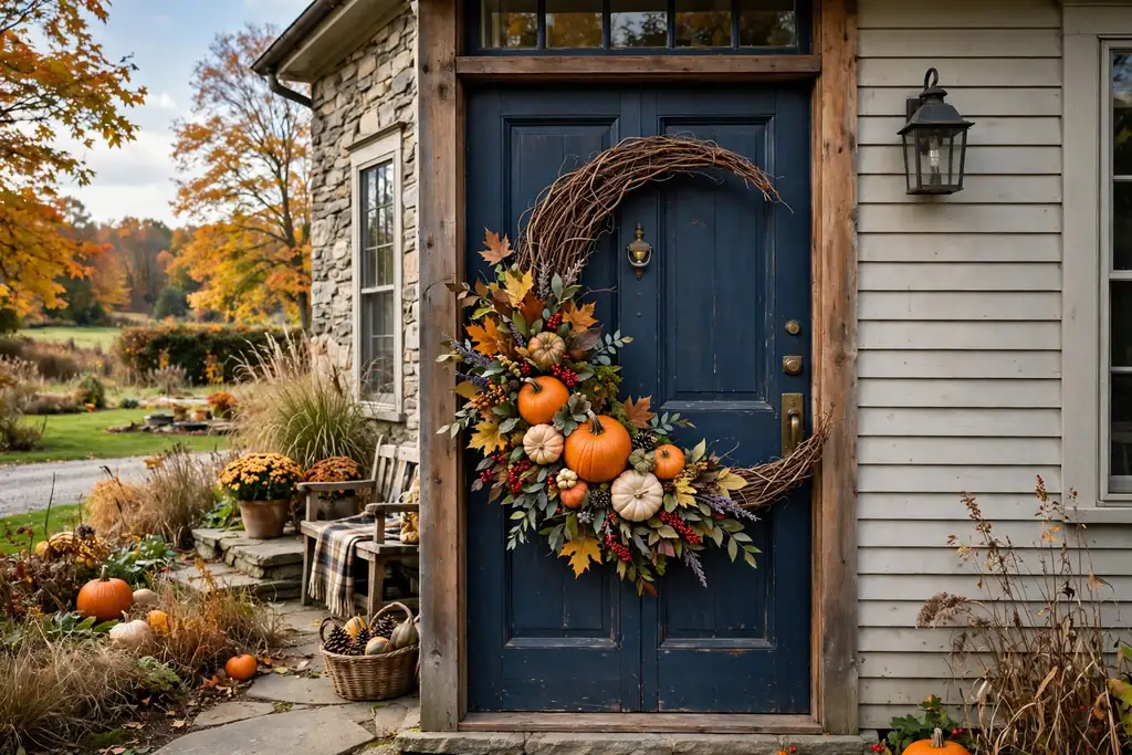 An asymmetric crescent pumpkin wreath with pumpkins, leaves, and berries clustered on the lower side of a grapevine ring, on a front door.