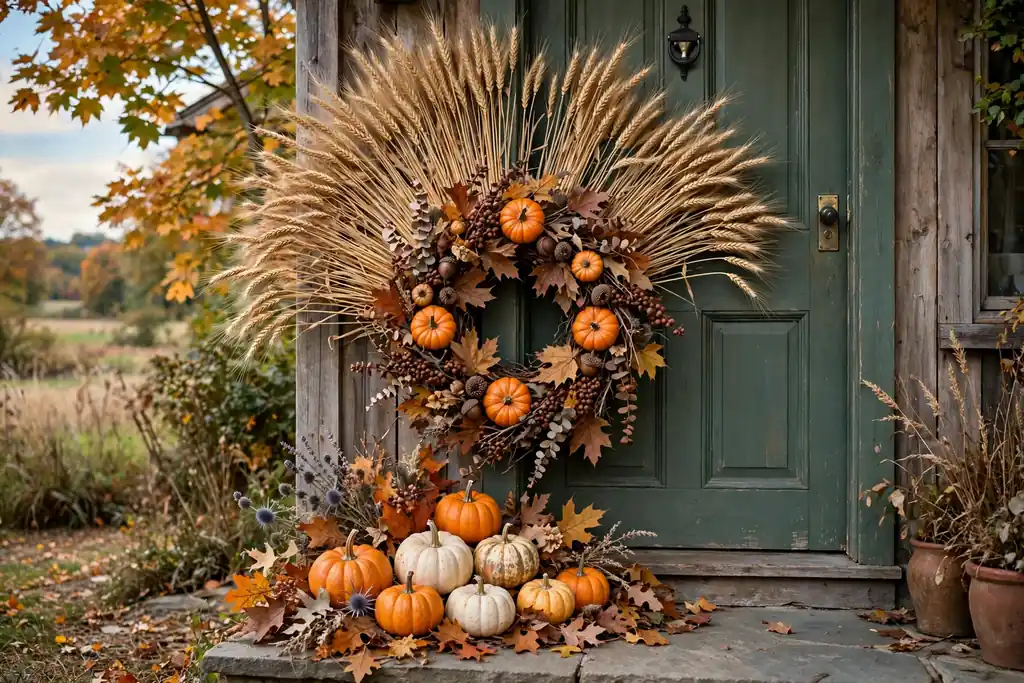 A pumpkin wreath with dried wheat stems fanning behind a cluster of mini pumpkins and dried leaves on a front door.
