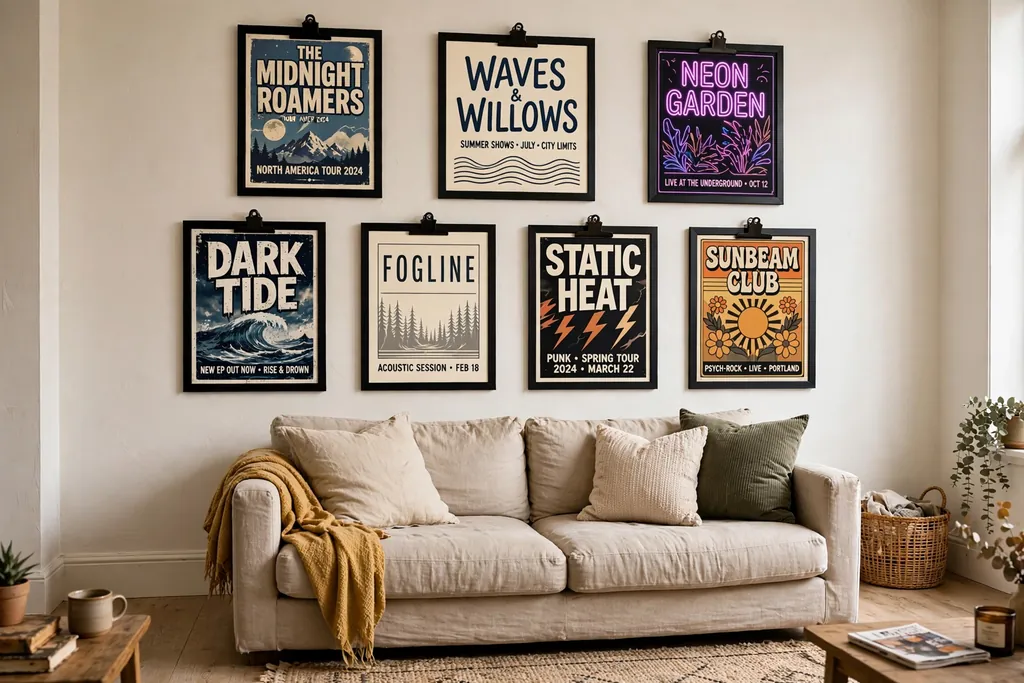 Band posters in black clip frames arranged as a gallery wall above a sofa