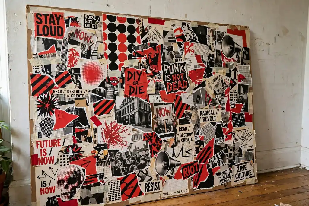Cut-and-paste collage board with torn pages and red and black graphics