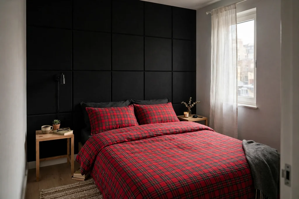 Matte black peel-and-stick panels on a bedroom wall behind plaid bedding