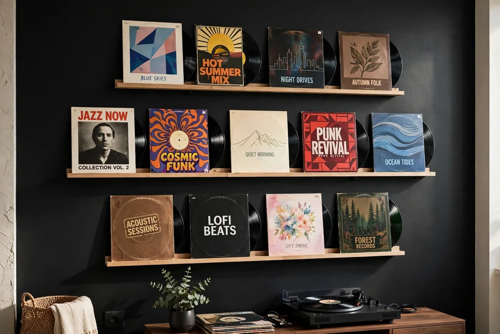 Vinyl record sleeves displayed upright on picture ledges
