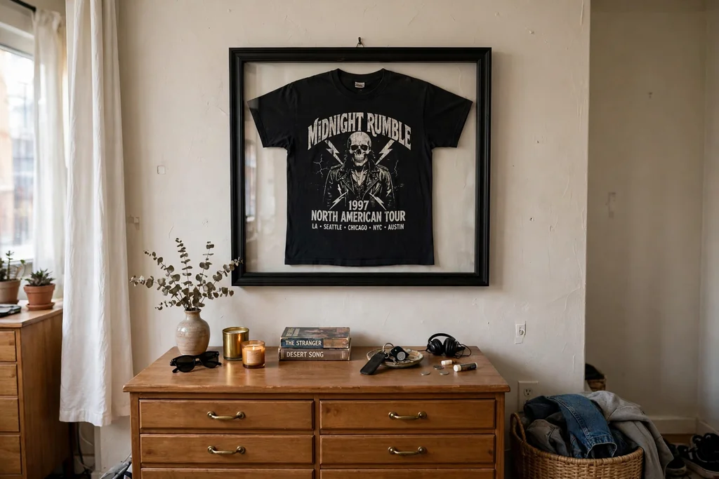 Band tee framed in a black shadow box above a dresser