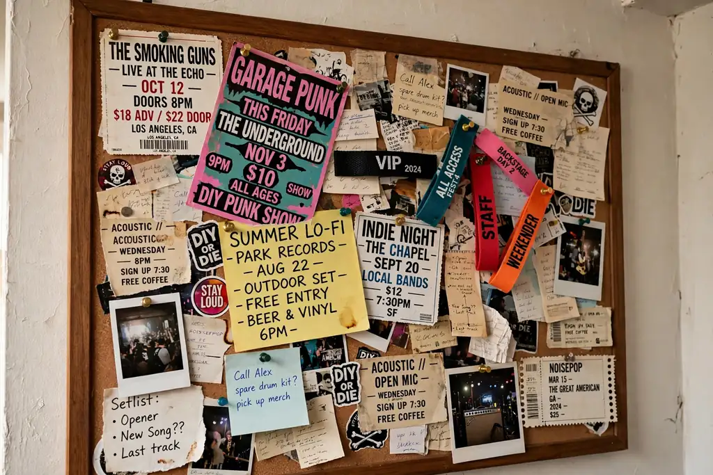 Cork board covered with gig tickets flyers and wristbands