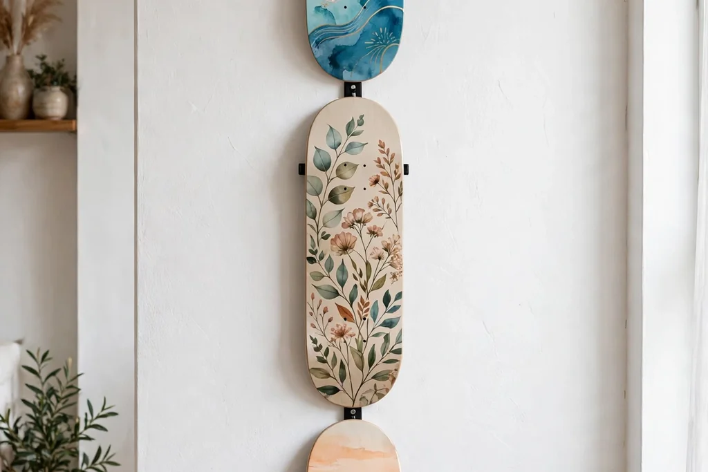 Three painted skateboard decks hung vertically on a wall