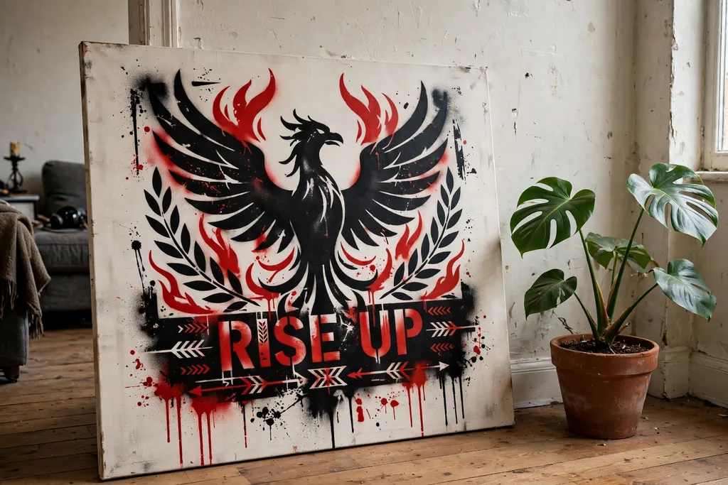 Black and red stencil art on a canvas leaning against a wall