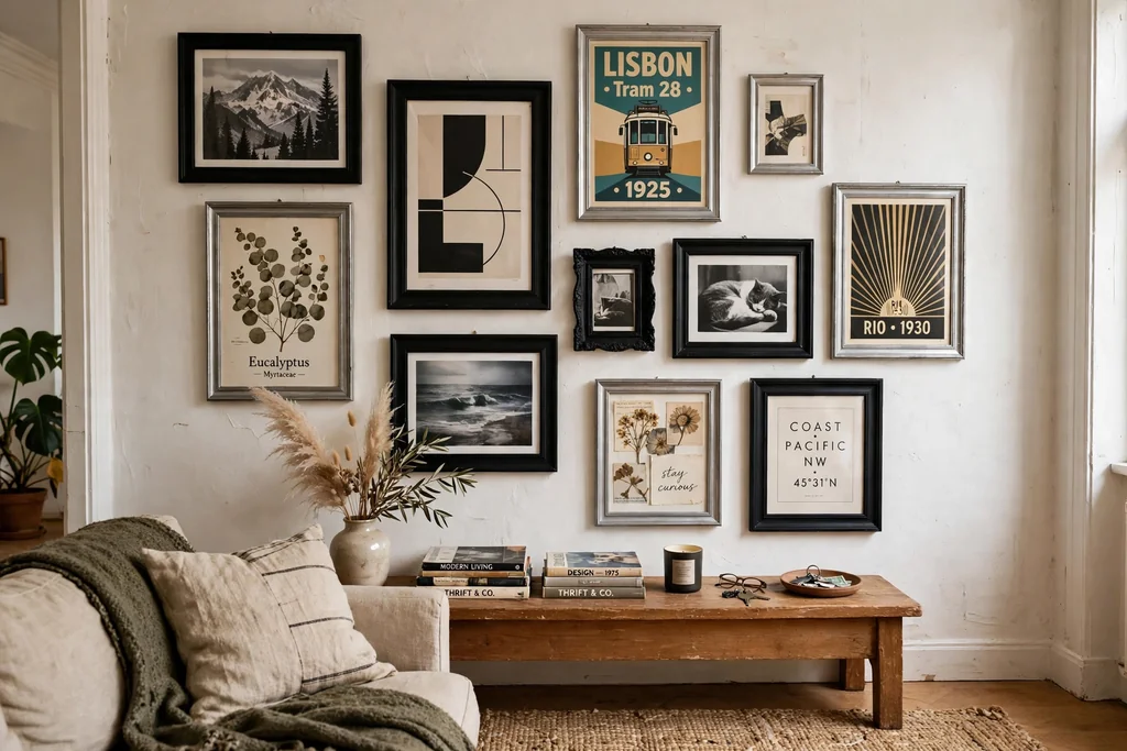 Gallery wall of thrifted frames painted black and silver