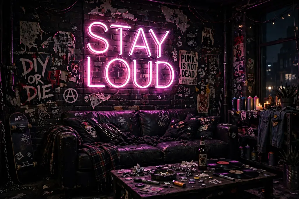 LED neon-style sign glowing above a sofa in a dark living room