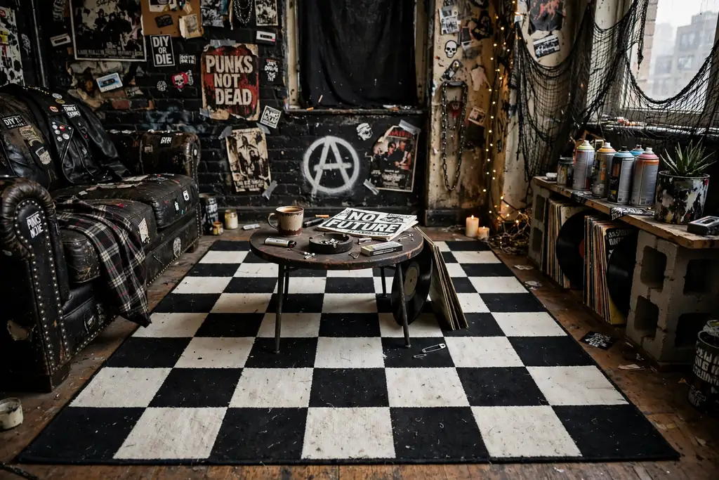 Black and white checkerboard rug under a coffee table