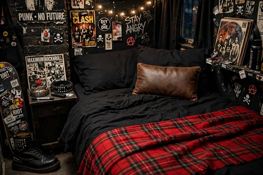 Bed with black sheets a red plaid throw and a leather cushion