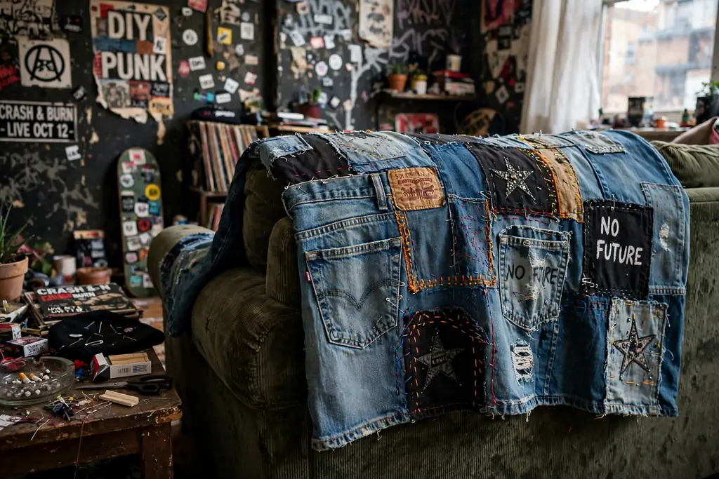 Patched denim throw made from old jeans draped over a sofa