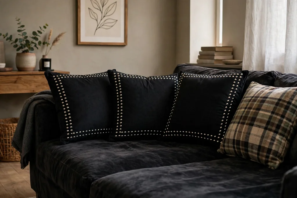 Black cushion covers with silver studs on a dark sofa